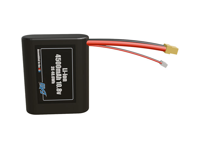 Front-facing render of the 10.8V 4500mAh 4S Lithium-Ion battery, assembled in the USA by maxamps, for drone and robotics applications.