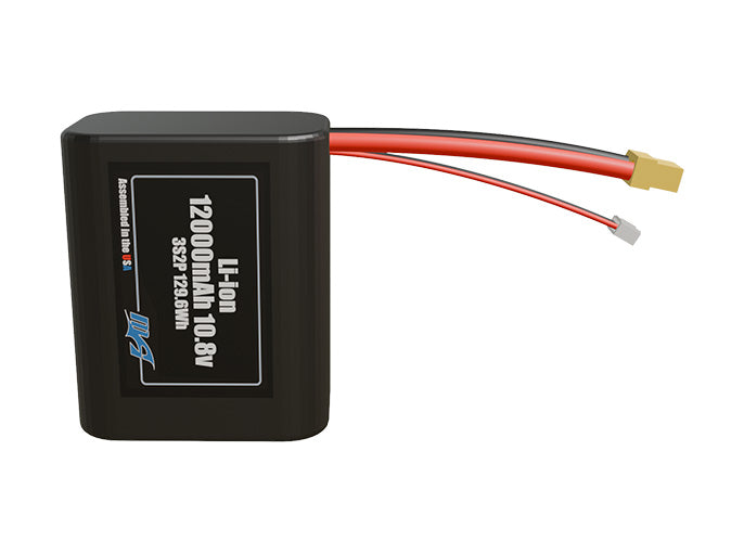 Front-facing render of the 10.8V 12000mAh 3S2P Li-ion battery, assembled in the USA by maxamps, for drone and robotics applications.