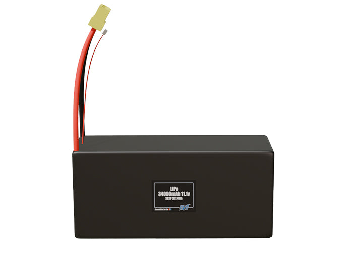 Front-facing render of the 11.1V 34000mAh 3S2P LiPo battery, assembled in the USA by maxamps, for drone and robotics applications.