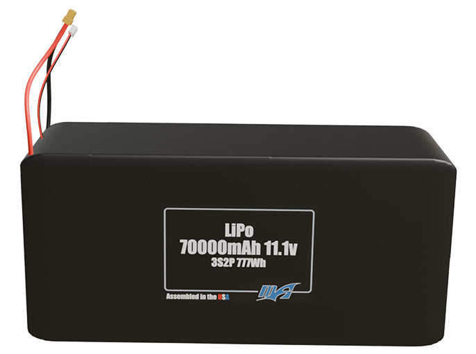 Front-facing render of the 11.1V 70000mAh 3S2P LiPo battery, assembled in the USA by maxamps, for drone and robotics applications.
