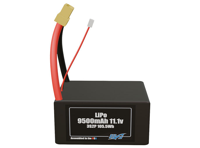 Front-facing render of the 11.1V 9500mAh 3S2P LiPo battery, assembled in the USA by maxamps, for drone and robotics applications.