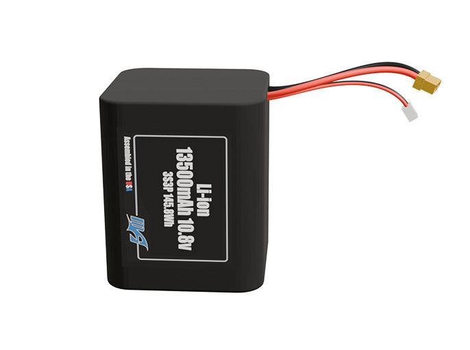 Front-facing render of the 10.8V 13500mAh 3S3P Lithium-Ion battery, assembled in the USA by maxamps, for drone and robotics applications.