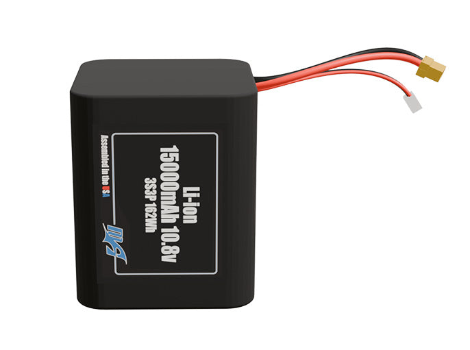 Front-facing render of the 10.8V 15000mAh 3S3P Lithium-Ion battery, assembled in the USA by maxamps, for drone and robotics applications.