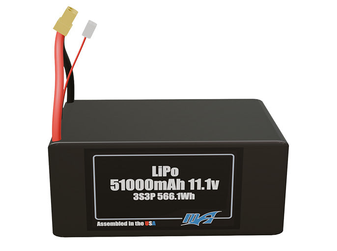 Front-facing render of the 11.1V 51000mAh 3S3P LiPo battery, assembled in the USA by maxamps, for drone and robotics applications.