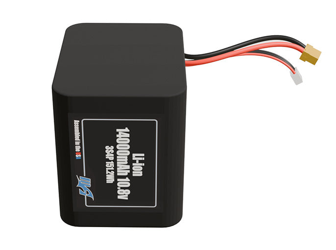 Front-facing render of the 10.8V 14000mAh 3S4P Lithium-Ion battery, assembled in the USA by maxamps, for drone and robotics applications.