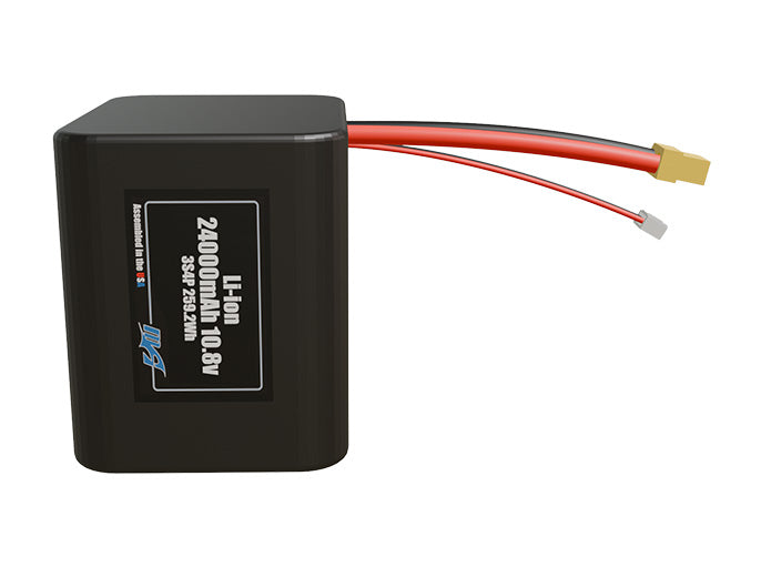 Front-facing render of the 10.8V 24000mAh 3S4P Lithium-Ion battery, assembled in the USA by maxamps, for drone and robotics applications.
