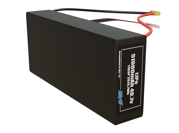 Side-angle render of a 40.7-volt 51000mAh lithium-polymer battery, assembled in the USA for compact UAV, drone, and military robotics platforms.
