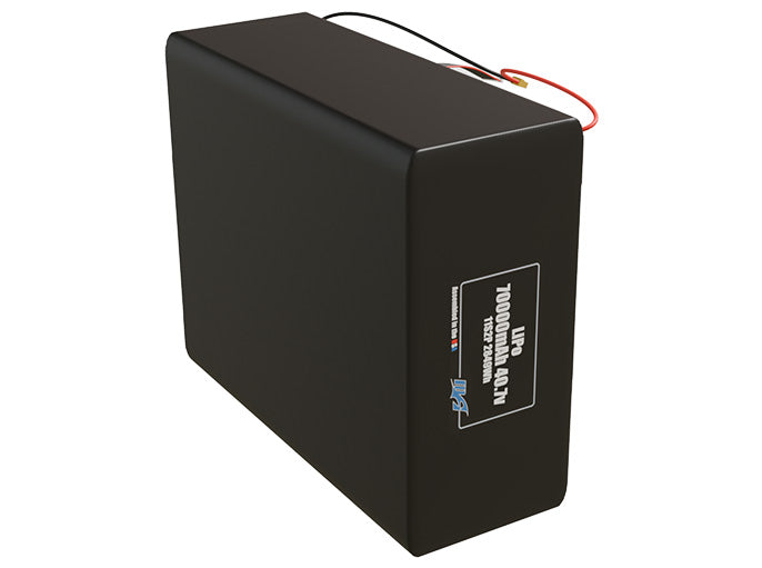 Side-angle render of a 40.7-volt 70000mAh lithium-polymer battery, assembled in the USA for compact UAV, drone, and military robotics platforms.