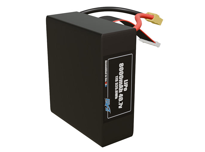 Side-angle render of a 40.7-volt 8000mAh lite lithium-polymer battery, assembled in the USA for compact UAV, drone, and military robotics platforms.