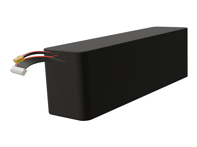 Side-angle render of a 43.2-volt 15000mAh lithium-ion battery, assembled in the USA for compact UAV, drone, and military robotics platforms.