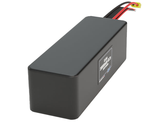 Side-angle render of a 43.2-volt 20000mAh lithium-ion battery, assembled in the USA for compact UAV, drone, and military robotics platforms.