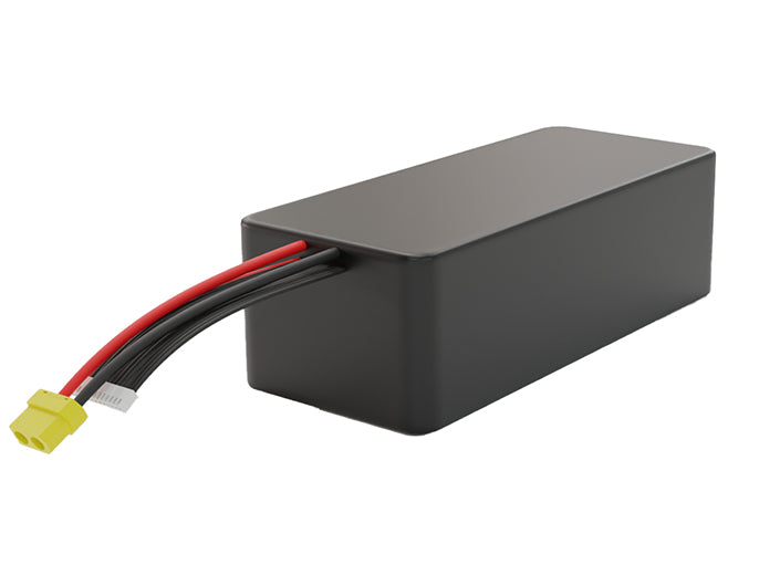 Side-angle render of a 43.2-volt 25000mAh lithium-ion battery, assembled in the USA for compact UAV, drone, and military robotics platforms.