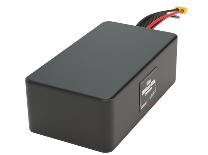 Side-angle render of a 43.2-volt 30000mAh lithium-ion battery, assembled in the USA for compact UAV, drone, and military robotics platforms.