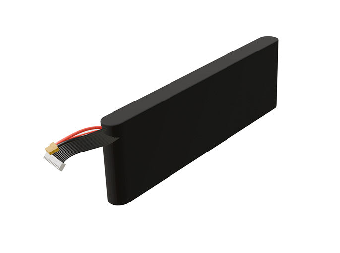 Side-angle render of a 43.2-volt 5000mAh lithium-ion battery, assembled in the USA for compact UAV, drone, and military robotics platforms.