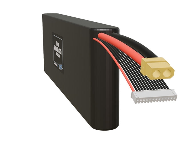 Side-angle render of a 43.2-volt 6000mAh lithium-ion battery, assembled in the USA for compact UAV, drone, and military robotics platforms.