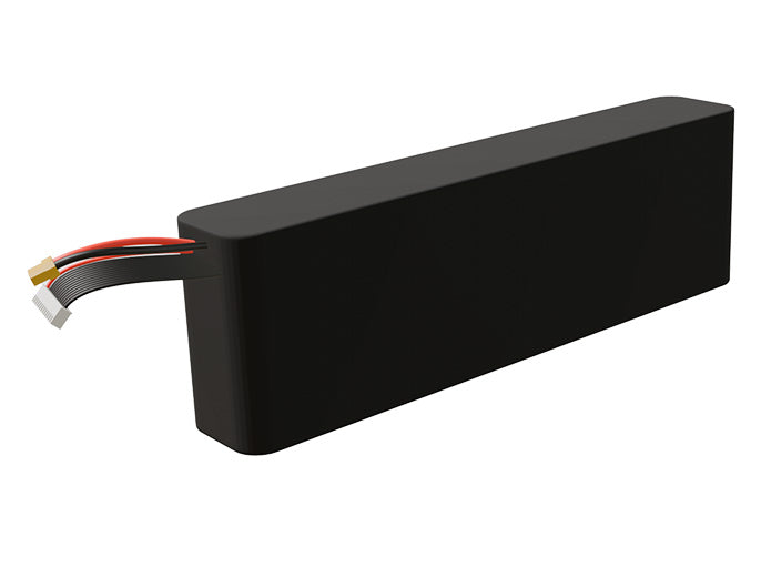 Side-angle render of a 43.2-volt 9000mAh lithium-ion battery, assembled in the USA for compact UAV, drone, and military robotics platforms.