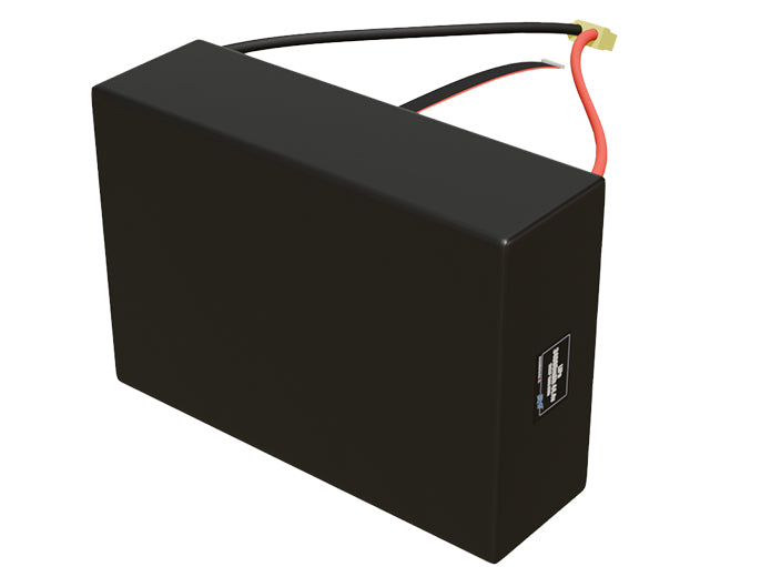 Side-angle render of a 44.4-volt 34000mAh lithium-polymer battery, assembled in the USA for compact UAV, drone, and military robotics platforms.