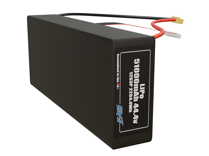Side-angle render of a 44.4-volt 51000mAh lithium-polymer battery, assembled in the USA for compact UAV, drone, and military robotics platforms.
