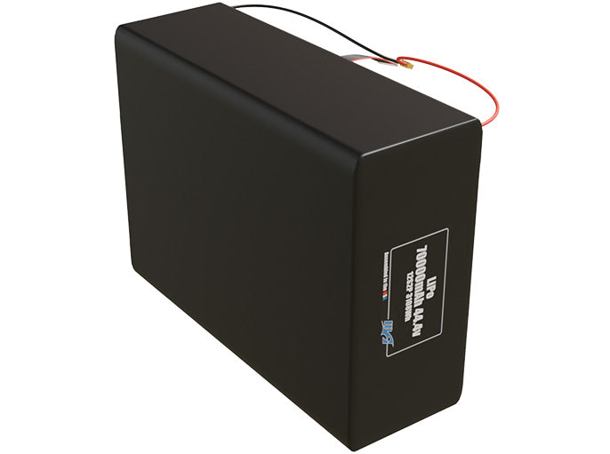 Side-angle render of a 44.4-volt 70000mAh lithium-polymer battery, assembled in the USA for compact UAV, drone, and military robotics platforms.