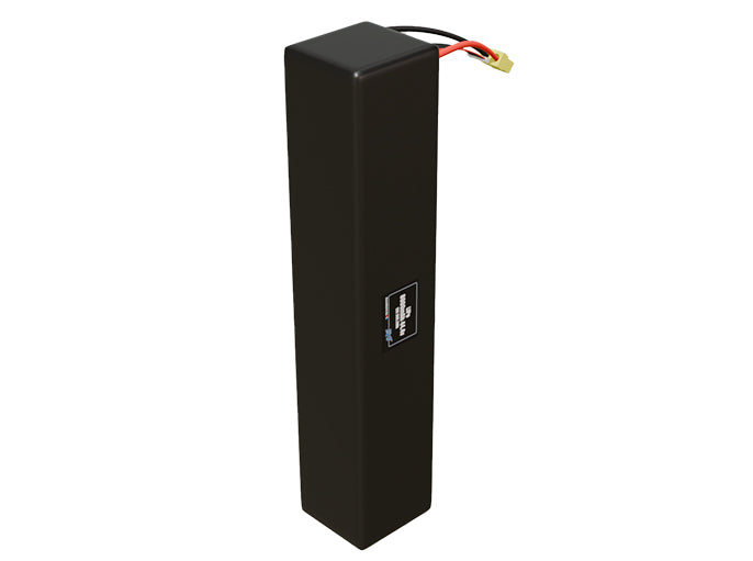 Side-angle render of a 44.4-volt 8000mAh Lite lithium-polymer end to end battery, assembled in the USA for compact UAV, drone, and military robotics platforms.