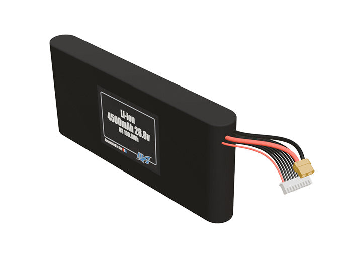 Angled product render of the 4500mAh eight-cell Li-ion pack. A lightweight energy source for UAV, drone, and robotic builds.