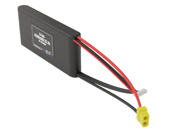Angled product render of the 4500mAh nine-cell Li-ion pack. A lightweight energy source for UAV, drone, and robotic builds.