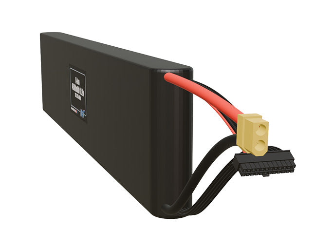 Angled product render of the 4500mAh seventeen-cell Li-ion pack. A lightweight energy source for UAV, drone, and robotic builds.
