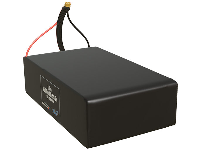 Angled product render of the 4500mAh sixteen-cell LiPo pack. A lightweight energy source for UAV, drone, and robotic builds.
