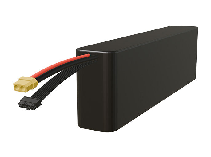 Side-angle render of a 46.8-volt 12000mAh lithium-ion battery, assembled in the USA for compact UAV, drone, and military robotics platforms.