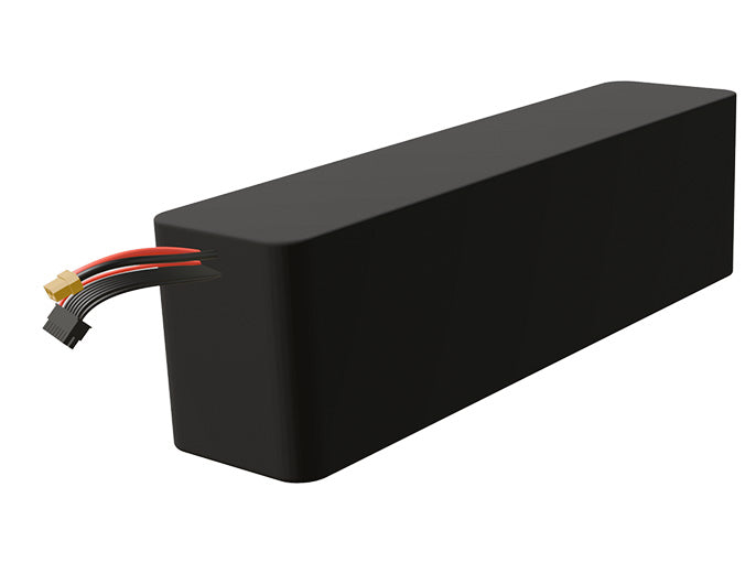 Side-angle render of a 46.8-volt 13500mAh lithium-ion battery, assembled in the USA for compact UAV, drone, and military robotics platforms.