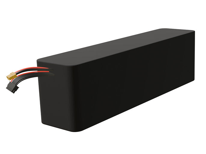 Side-angle render of a 46.8-volt 15000mAh lithium-ion battery, assembled in the USA for compact UAV, drone, and military robotics platforms.