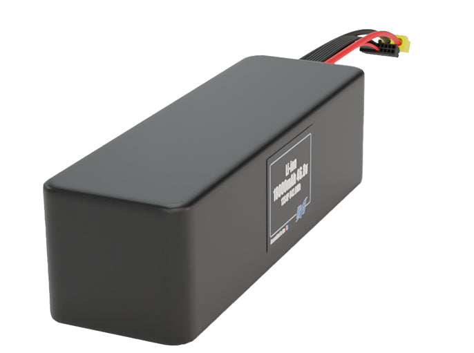 Side-angle render of a 46.8-volt 18000mAh lithium-ion battery, assembled in the USA for compact UAV, drone, and military robotics platforms.