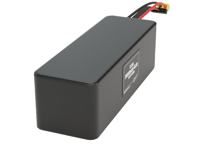 Side-angle render of a 46.8-volt 20000mAh lithium-ion battery, assembled in the USA for compact UAV, drone, and military robotics platforms.