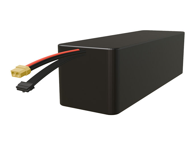 Side-angle render of a 46.8-volt 24000mAh lithium-ion battery, assembled in the USA for compact UAV, drone, and military robotics platforms.