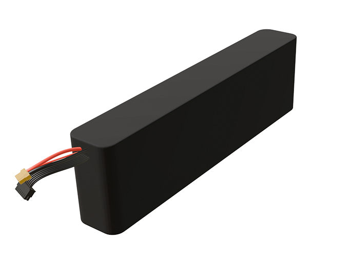 Side-angle render of a 46.8-volt 9000mAh lithium-ion battery, assembled in the USA for compact UAV, drone, and military robotics platforms.