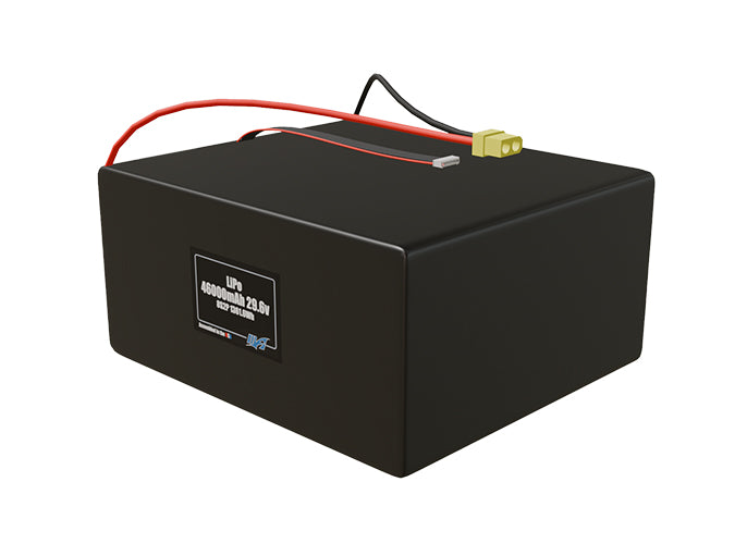 Angled product render of the 46000mAh 16-cell LiPo pack. A lightweight energy source for UAV, drone, and robotic builds.