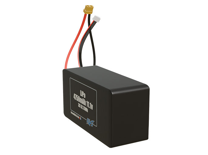 Angled product render of the 4750mAh three-cell LiPo pack. A lightweight energy source for UAV, drone, and robotic builds.
