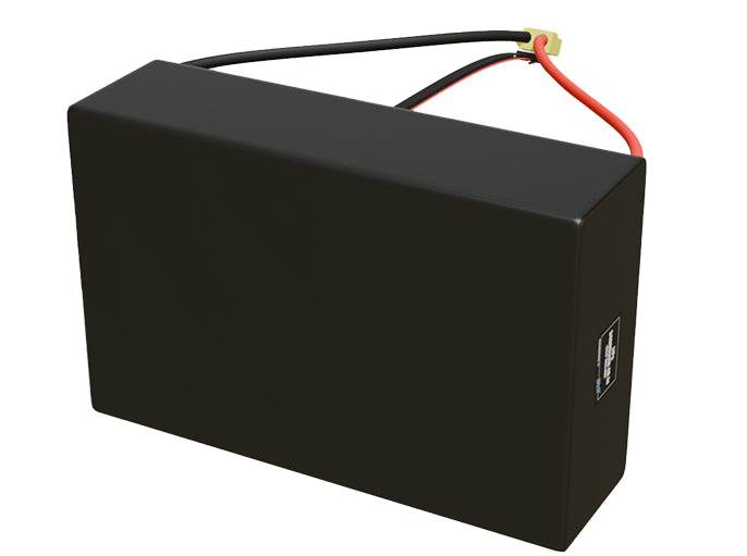 Side-angle render of a 48.1-volt 34000mAh lithium-polymer battery, assembled in the USA for compact UAV, drone, and military robotics platforms.