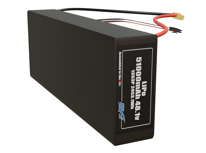 Side-angle render of a 48.1-volt 51000mAh lithium-polymer battery, assembled in the USA for compact UAV, drone, and military robotics platforms.