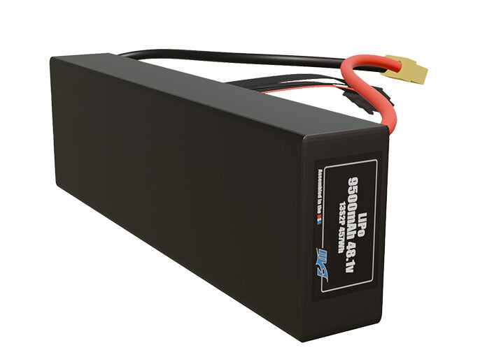 Side-angle render of a 48.1-volt 9500mAh lithium-polymer battery, assembled in the USA for compact UAV, drone, and military robotics platforms.