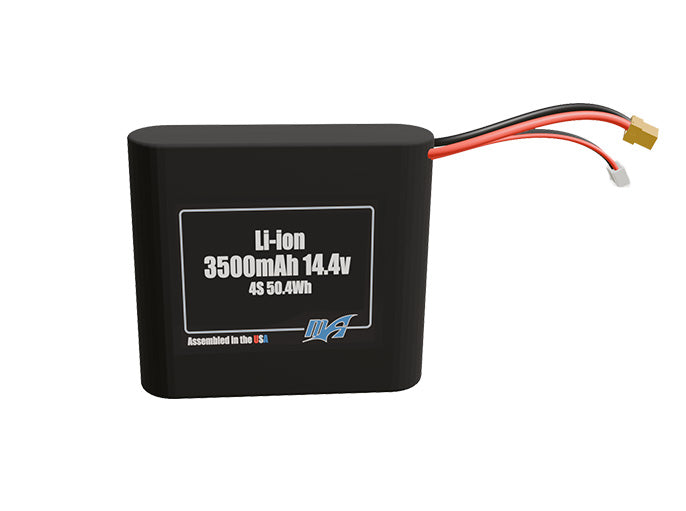 Front-facing render of the 14.4V 3500mAh 4S Li-ion battery, assembled in the USA by maxamps, for drone and robotics applications.