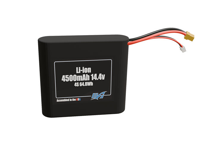 Front-facing render of the 14.4V 4500mAh 4S Li-ion battery, assembled in the USA by maxamps, for drone and robotics applications.