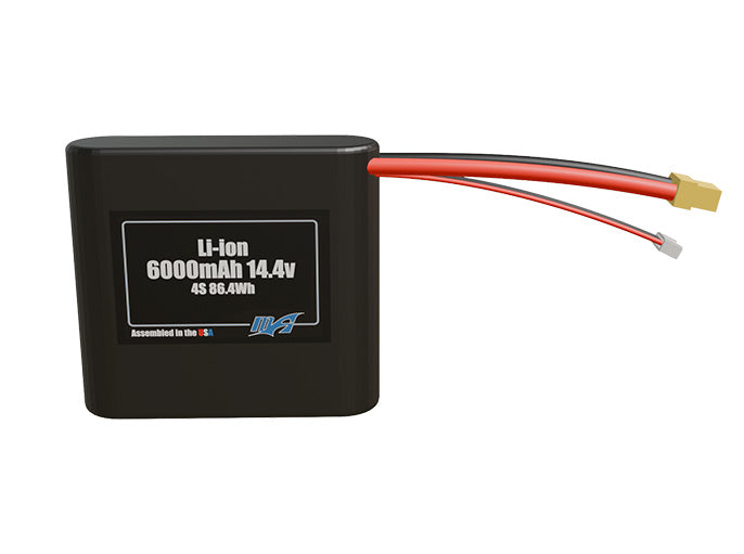 Front-facing render of the 14.4V 6000mAh 4S Li-ion battery, assembled in the USA by maxamps, for drone and robotics applications.