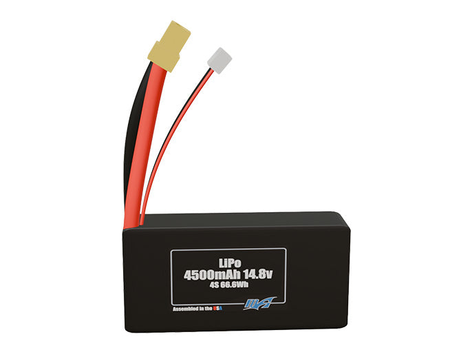 Front-facing render of the 14.8V 4500mAh 4S Lithium-polymer battery, assembled in the USA by maxamps, for drone and robotics applications.