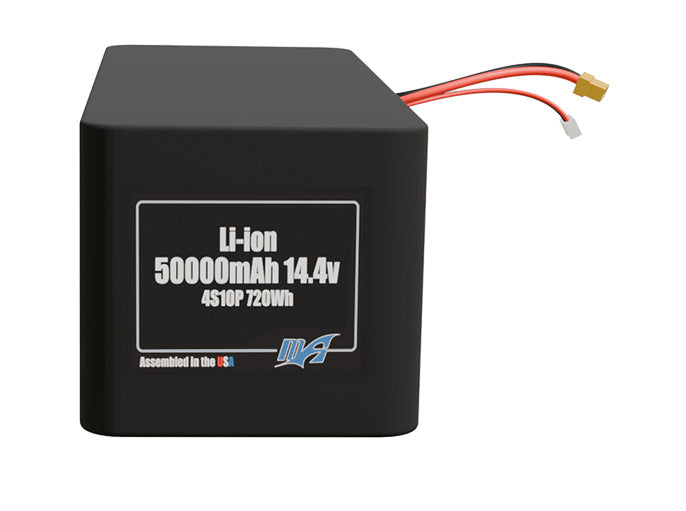 Front-facing render of the 14.4V 50000mAh 4S10P Lithium-Ion battery, assembled in the USA by maxamps, for drone and robotics applications.