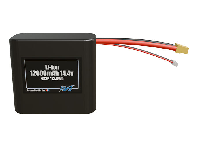Front-facing render of the 14.4V 12000mAh 4S2P Li-ion battery, assembled in the USA by maxamps, for drone and robotics applications.