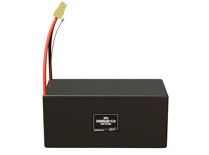 Front-facing render of the 14.8V 34000mAh 4S2P LiPo battery, assembled in the USA by maxamps, for drone and robotics applications.