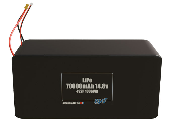 Front-facing render of the 14.8V 70000mAh 4S2P LiPo battery, assembled in the USA by maxamps, for drone and robotics applications.