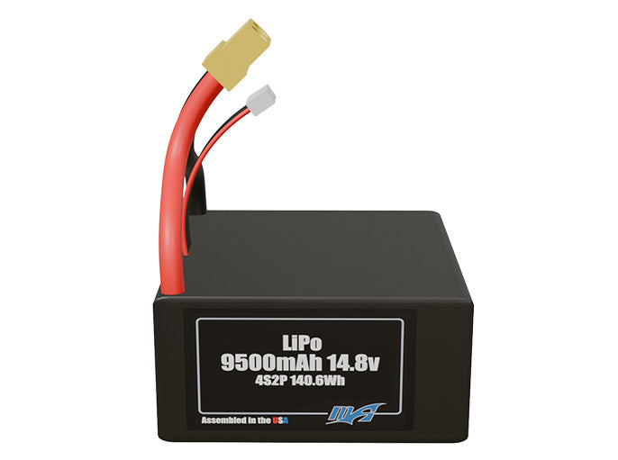 Front-facing render of the 14.8V 9500mAh 4S2P LiPo battery, assembled in the USA by maxamps, for drone and robotics applications.