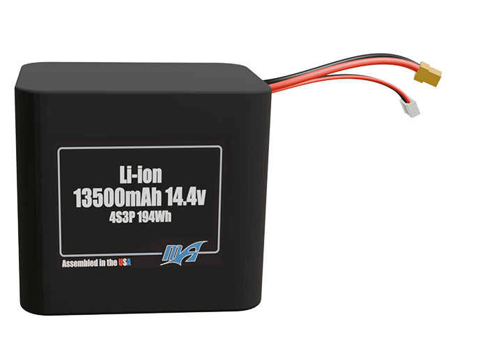 Front-facing render of the 14.4V 13500mAh 4S3P Lithium-Ion battery, assembled in the USA by maxamps, for drone and robotics applications.